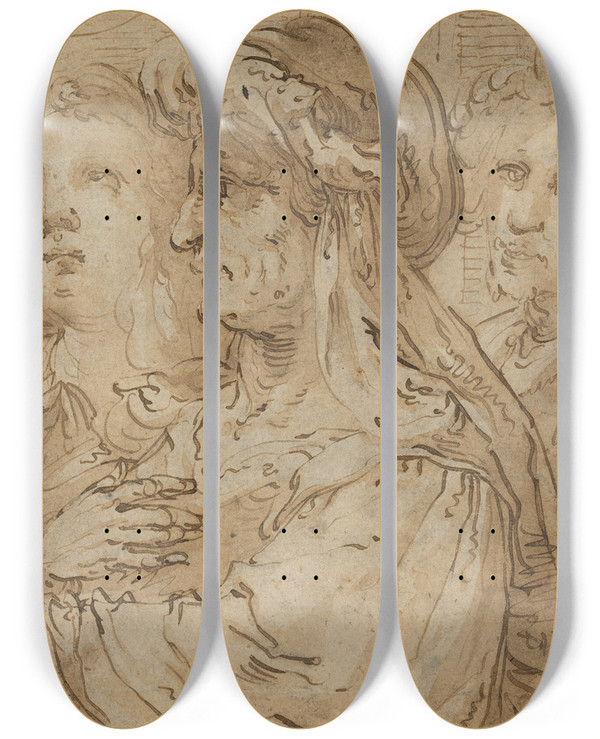 Triptych art skateboard deck of Jacob Matham Allegory Of Age by Jacob Matham (1571-1631)