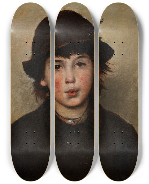 Triptych art skateboard deck of Frank Duveneck Whistling Boy by Frank Duveneck (1848-1919)