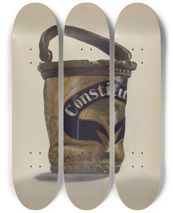 Triptych art skateboard deck of Page Coffman Leather Fire Bucket by Page Coffman