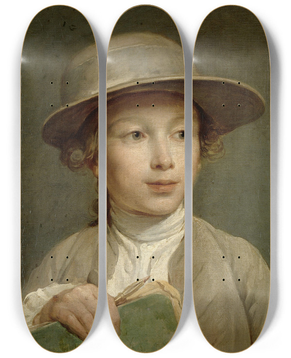 Triptych art skateboard deck of Nicolas Bernard Lpici Boy With A Drawing Book by Nicolas Bernard Lepicie (1735-1784)