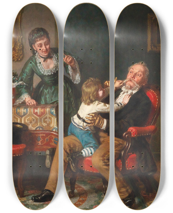 Triptych art skateboard deck of Leopold Loeffler Grandfathers Visit by Leopold Loeffler (1827-1898)