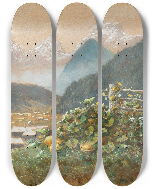 Triptych art skateboard deck of Vincenz Havlicek Lofer Mit Den Loferer Steinbergen by Vincenz Havlicek (1864-1914)
