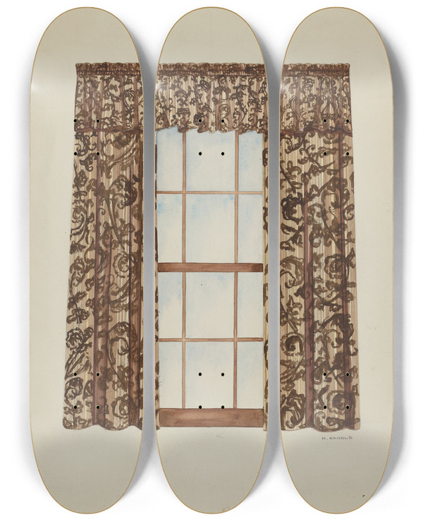 Triptych art skateboard deck of Madeline Arnold Drapery by Madeline Arnold