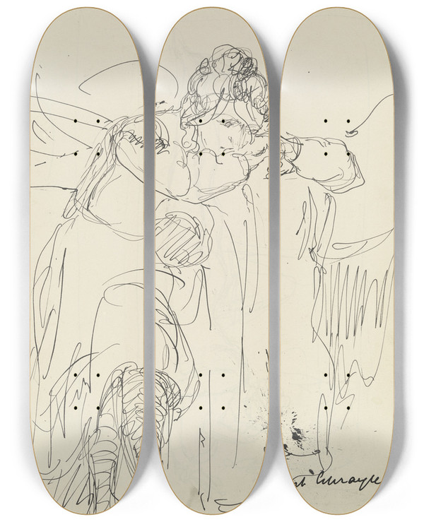 Triptych art skateboard deck of Gustav Schraegle Brooding Woman by Gustav Schraegle (1867-1925)