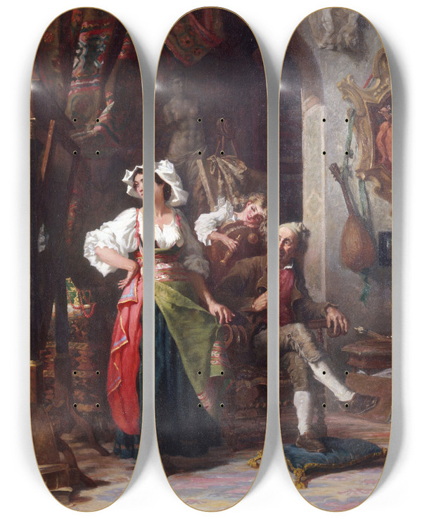 Triptych art skateboard deck of Auguste Dutuit Modles Dans Un Atelier Pendant Labsence Du Peintre by Auguste Dutuit (1807-1886)