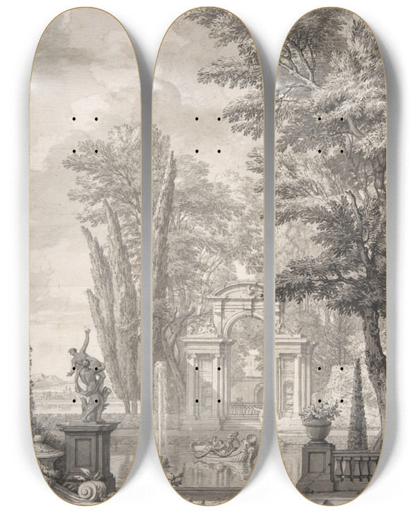 Triptych art skateboard deck of Isaac De Moucheron Landscape With Architecture by Isaac de Moucheron (1667-1744)