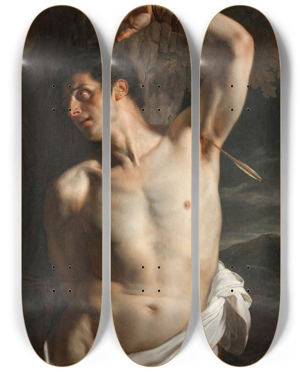 Triptych art skateboard deck of Paul Delaroche Saint Sebastian by Paul Delaroche (1797-1856)