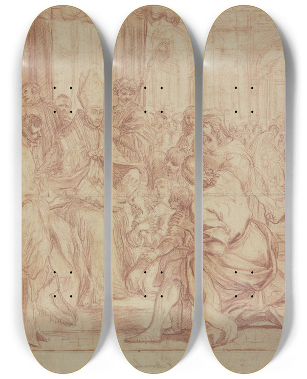 Triptych art skateboard deck of Carlo Maratta Ein Bischof Segnet Eine Heilige by Carlo Maratta (1625-1713)