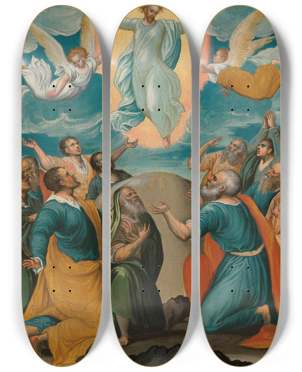 Triptych art skateboard deck of Mikhail Damaskinos The Ascension by Mikhail Damaskinos