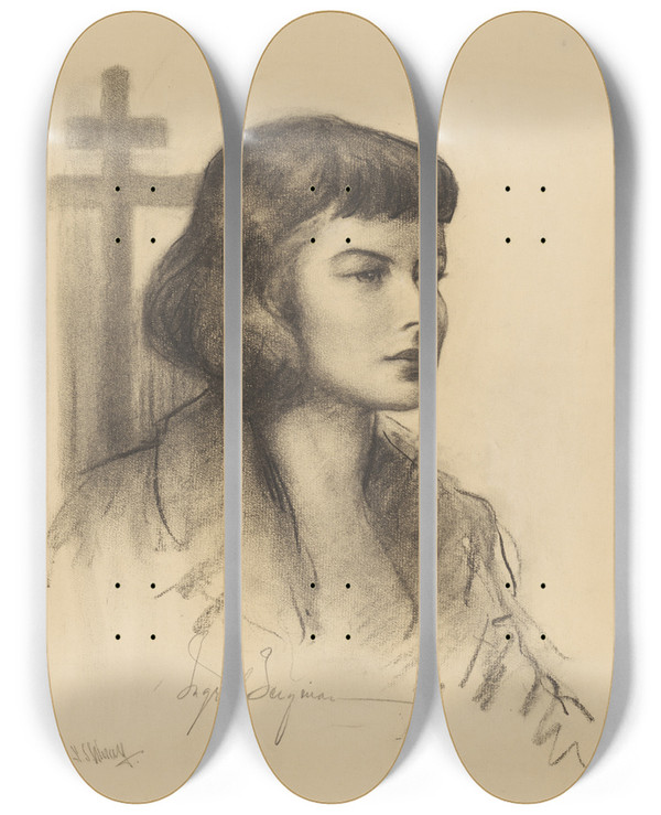 Triptych art skateboard deck of Samuel Johnson Woolf Ingrid Bergman by Samuel Johnson Woolf (1880-1948)
