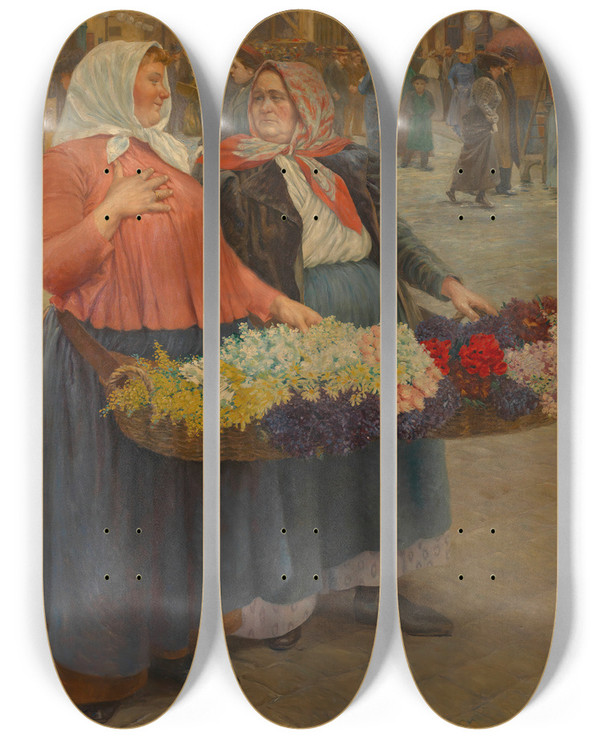 Triptych art skateboard deck of Josef Engelhart Blumenmdchen by Josef Engelhart (1864-1941)