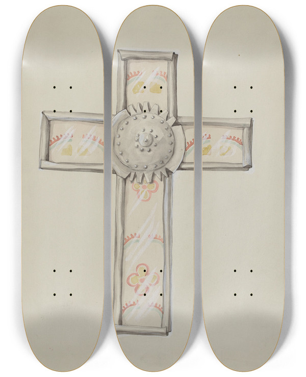 Triptych art skateboard deck of Majel G Claflin Tin Wall Paper Cross_1 by Majel G Claflin (1893-1941)