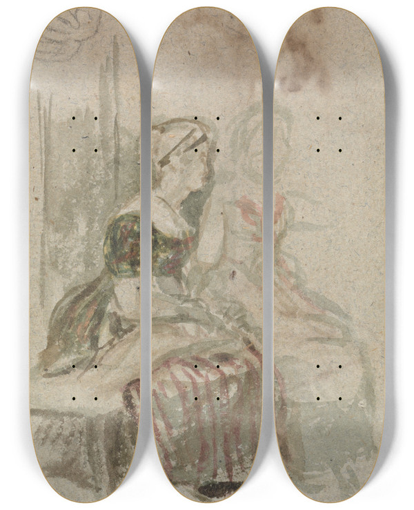 Triptych art skateboard deck of Sir David Wilkie Study For The Penny Wedding by Sir David Wilkie (1785-1841)