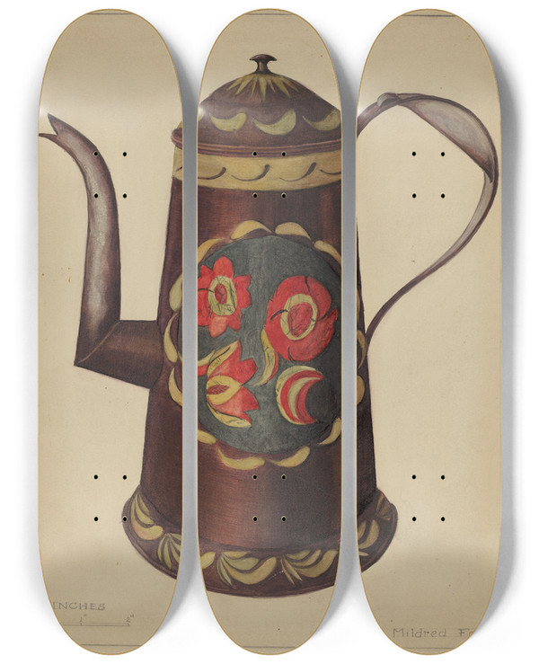 Triptych art skateboard deck of Mildred Ford Toleware Coffee Pot_1 by Mildred Ford (20-)