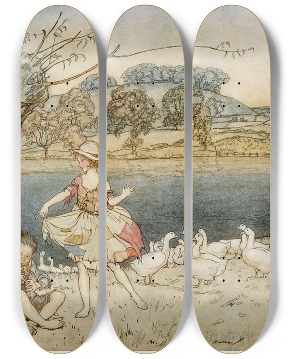Triptych art skateboard deck of Arthur Rackham Tattercoats Dancing While The Gooseherd Pipes by Arthur Rackham (1867-1939)