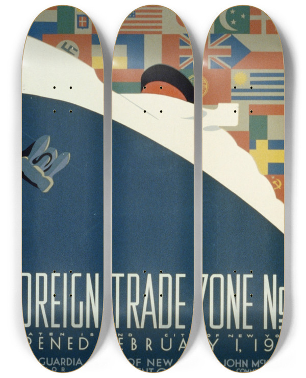 Triptych art skateboard deck of Martin Weitzman Foreign Trade Zone No 1 by Martin Weitzman (20-)