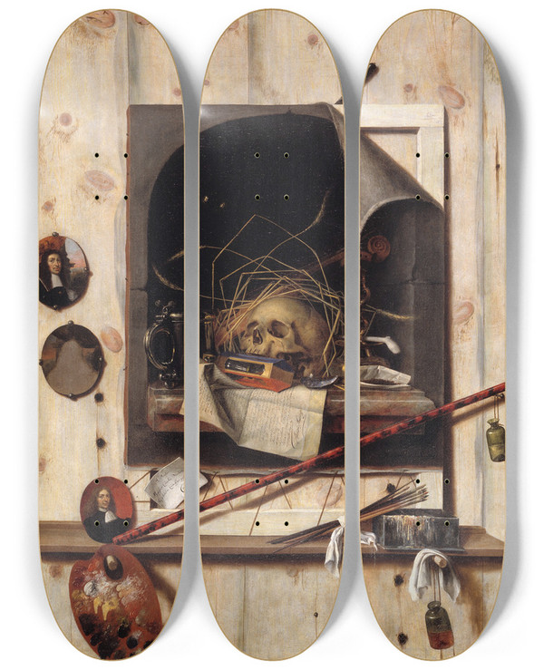 Triptych art skateboard deck of Cornelius Norbertus Gijsbrechts Trompe Loeil With Studio Wall And Vanitas Still Life by Cornelius Norbertus Gijsbrechts (1630-1675)