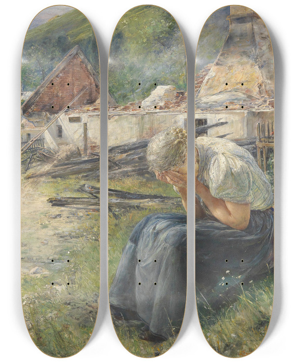 Triptych art skateboard deck of Ernst Nowak Am Tag Danach by Ernst Nowak (1853-1919)