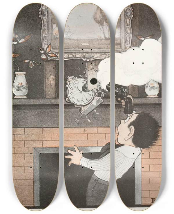 Triptych art skateboard deck of Peter Newell The Hole Book Pl 01 by Peter Newell (1862-1924)