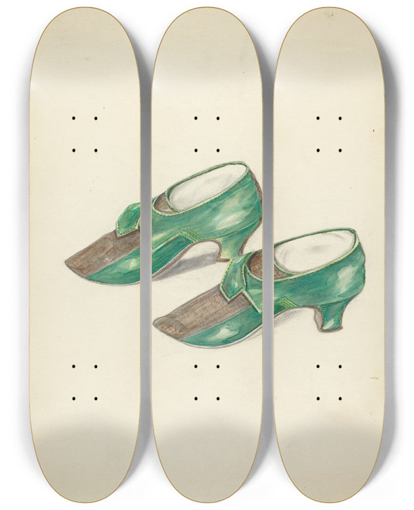 Triptych art skateboard deck of Margaret Concha Womans Shoes by Margaret Concha