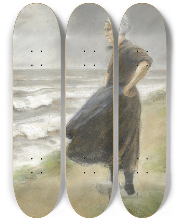 Triptych art skateboard deck of Max Liebermann Hollnderin Stehend In Den Dnen Nach Links by Max Liebermann (1847-1935)