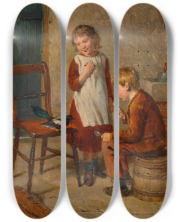 Triptych art skateboard deck of William Hemsley Who Stole The Spoon by William Hemsley (1817-1906)