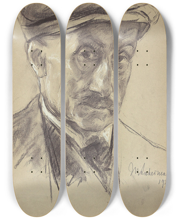 Triptych art skateboard deck of Max Liebermann Selbstbildnis Mit Schirmmtze by Max Liebermann (1847-1935)