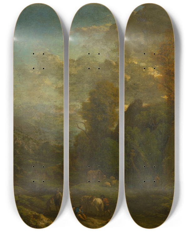 Triptych art skateboard deck of Cornelis Huysmans Evening Landscape With Travellers by Cornelis Huysmans (1648-1727)