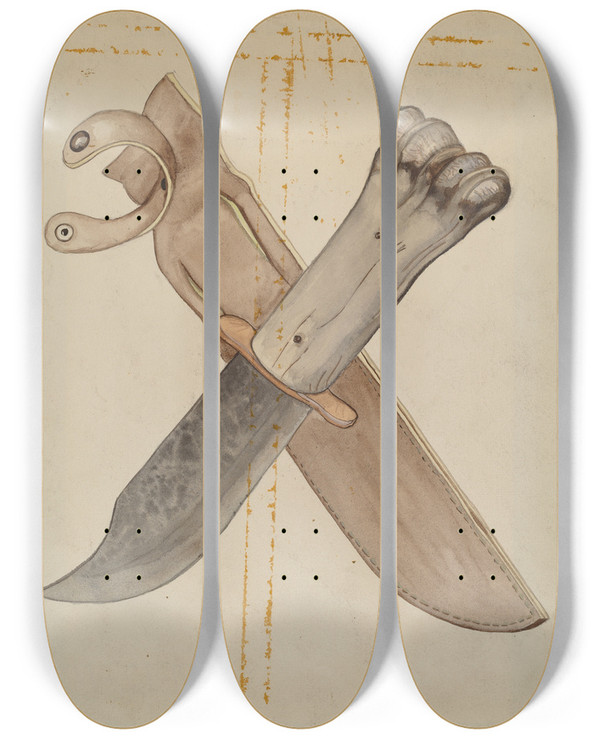 Triptych art skateboard deck of Jesse W Skeen Knife And Sheath by Jesse W Skeen