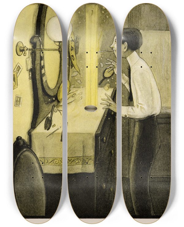 Triptych art skateboard deck of Peter Newell The Rocket Book Pl 13 by Peter Newell (1862-1924)