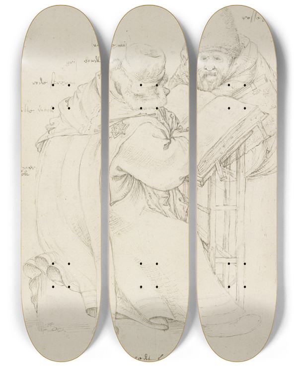 Triptych art skateboard deck of Roelant Savery Zwei Jdische Schriftgelehrte by Roelant Savery (1576-1639)