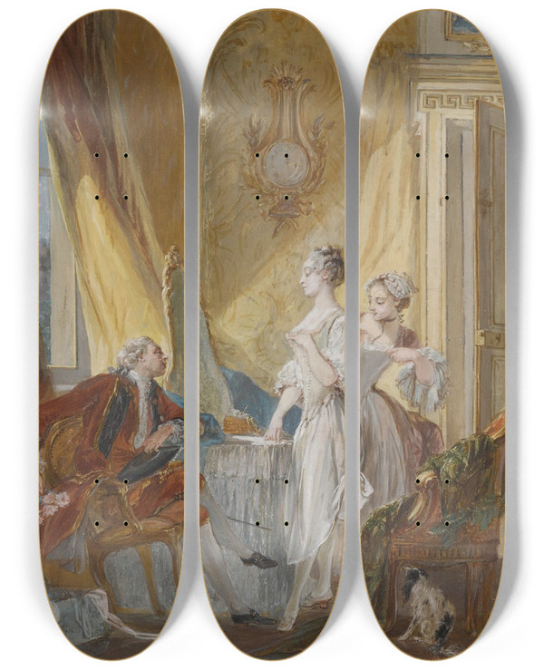 Triptych art skateboard deck of Pierreantoine Baudouin Le Lever by Pierre-Antoine Baudouin (1723-1769)
