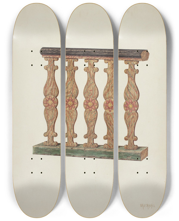 Triptych art skateboard deck of William Kieckhofel Choir Rail by William Kieckhofel (20-)
