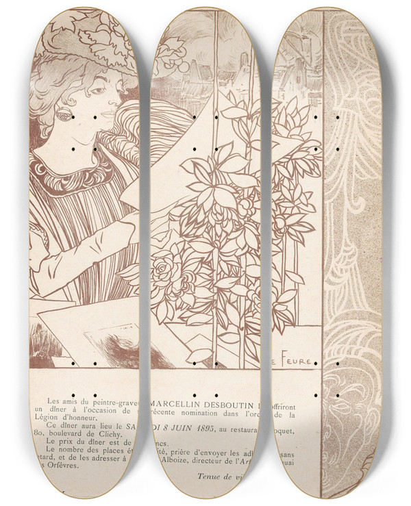 Triptych art skateboard deck of Georges De Feure Uitnodiging Voor Een Diner Ter Ere Van Marcellin Desboutin by Georges de Feure (1868-1943)