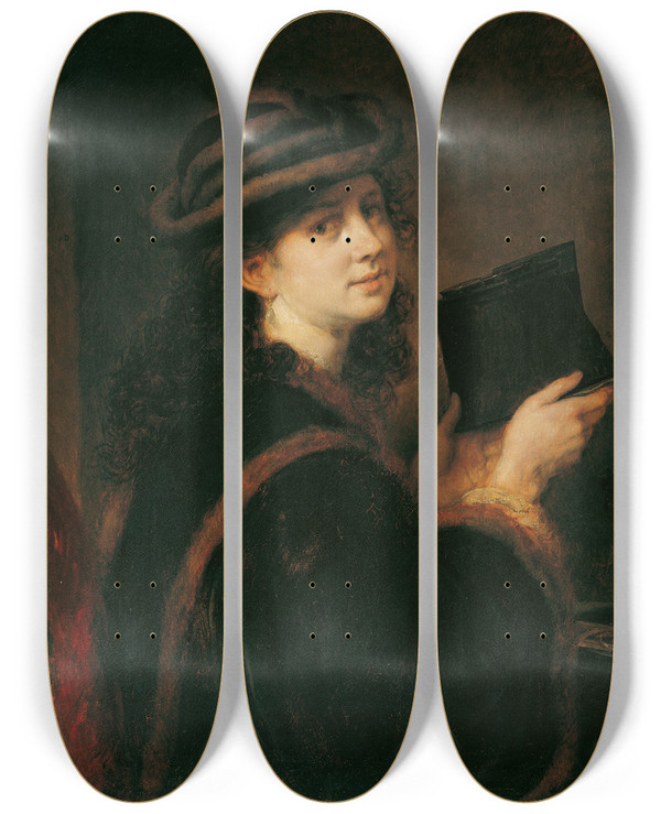 Triptych art skateboard deck of Hans Canon Mdchen Mit Stereoskop by Hans Canon (1829-1885)