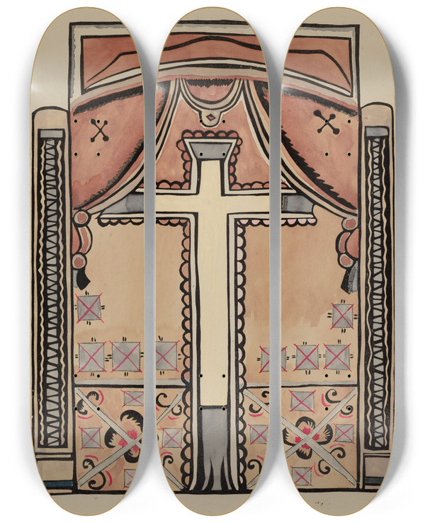 Triptych art skateboard deck of American 20Th Century Panel Cross And Drapes by American 20Th Century