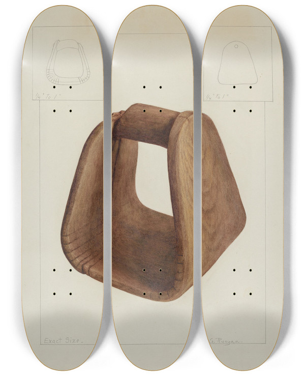 Triptych art skateboard deck of Manuel G Runyan Saddle Stirrup by Manuel G Runyan