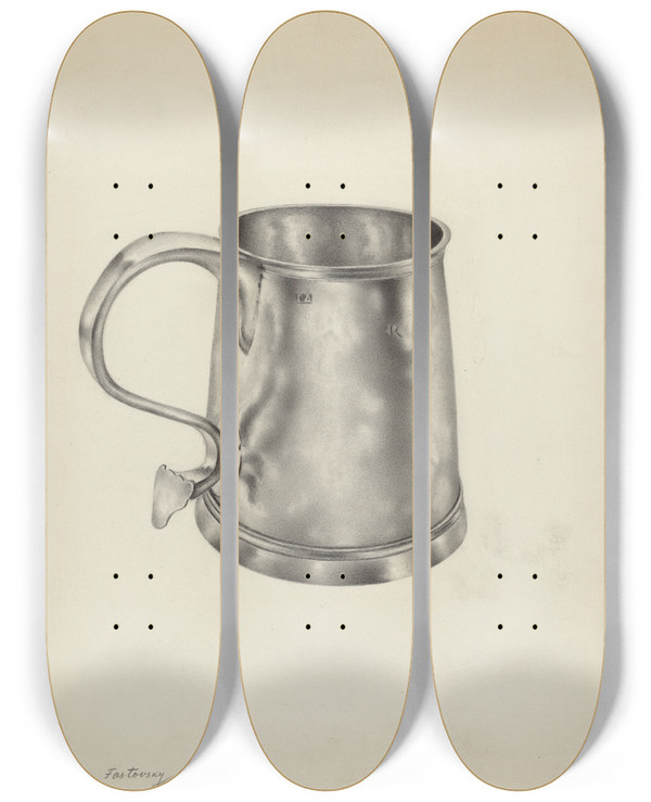 Triptych art skateboard deck of Aaron Fastovsky Silver Mug_1 by Aaron Fastovsky