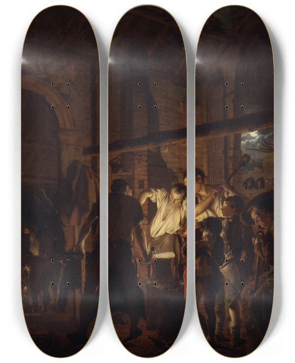 Triptych art skateboard deck of Joseph Wright Of Derby The Blacksmiths Shop by Joseph Wright Of Derby (1734-1797)