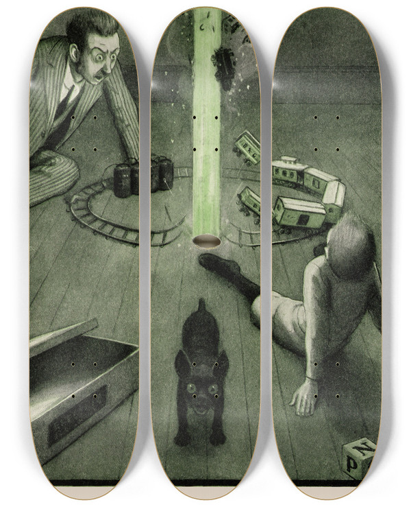 Triptych art skateboard deck of Peter Newell The Rocket Book Pl 15 by Peter Newell (1862-1924)
