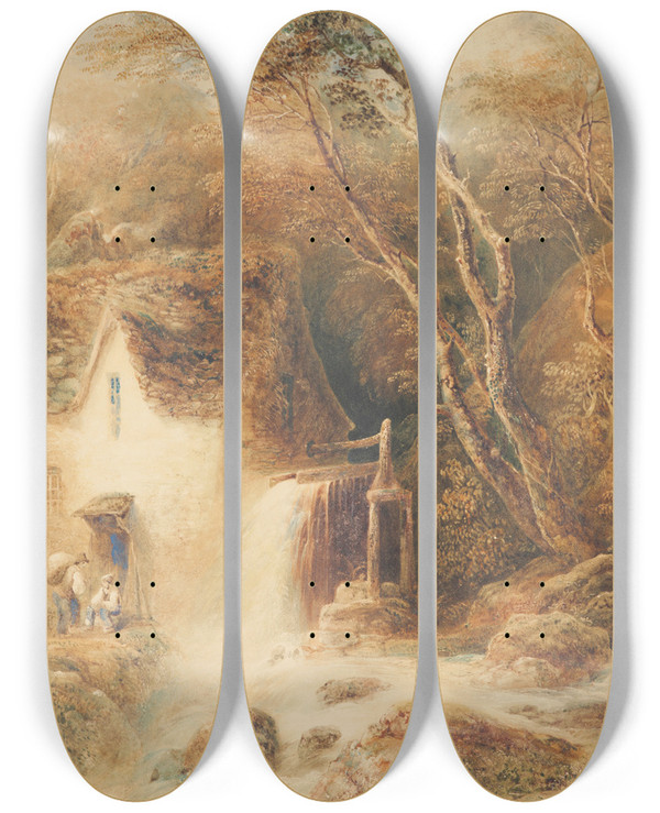 Triptych art skateboard deck of Joshua Shaw The Water Mill by Joshua Shaw (1776-1860)