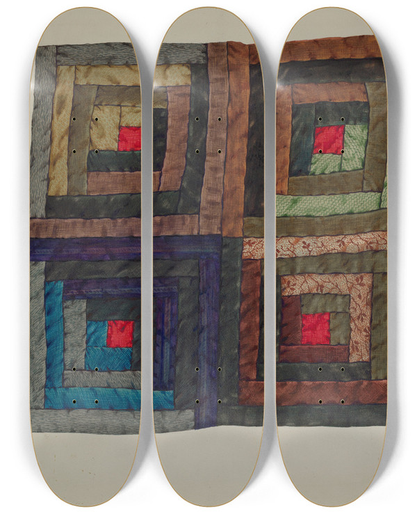 Triptych art skateboard deck of Ruth M Barnes Log Cabin Quilt by Ruth M Barnes