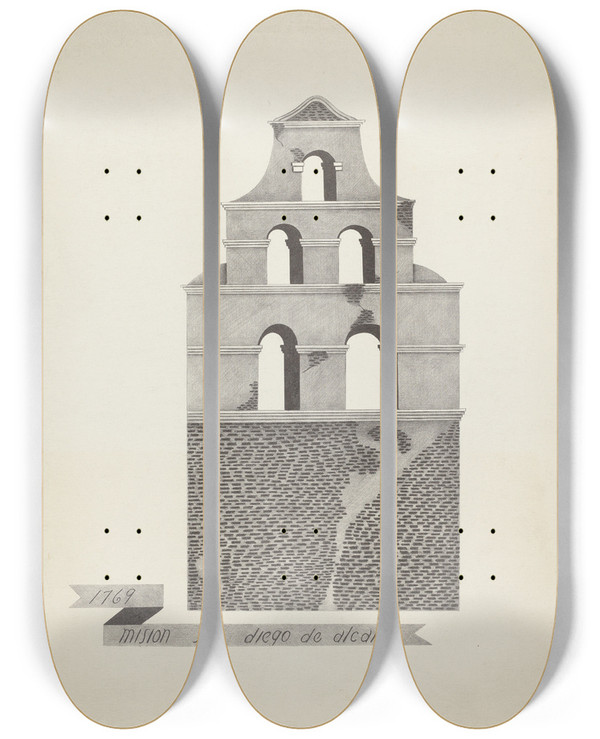 Triptych art skateboard deck of James Jones Mision San Diego De Alcala_1 by James Jones