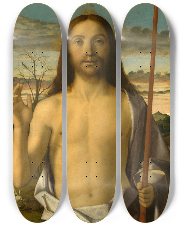 Triptych art skateboard deck of Giovanni Bellini Christ Blessing by Giovanni Bellini (1426-1516)