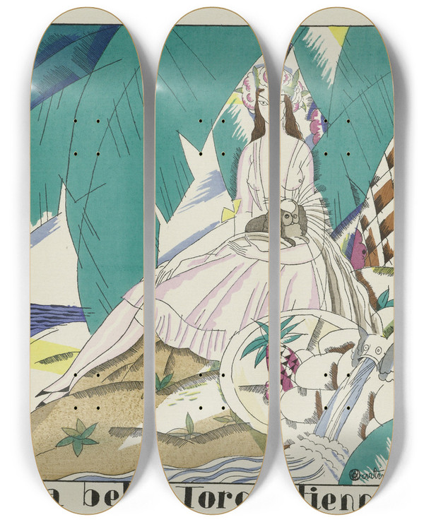 Triptych art skateboard deck of Charles Martin La Belle Torquatienne by Charles Martin (1884-1934)