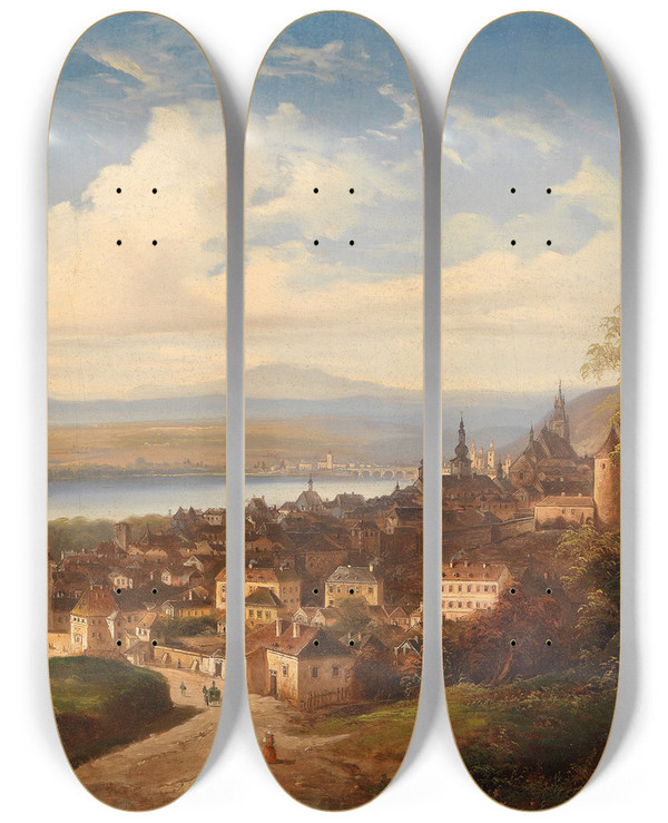 Triptych art skateboard deck of Johann Wilhelm Jankowski Blick Auf Krems by Johann Wilhelm Jankowski (1825-1870)