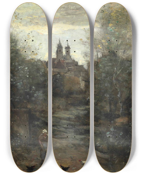 Triptych art skateboard deck of Jeanbaptistecamille Corot Semur Le Chemin De Lglise by Jean-Baptiste-Camille Corot (1796-1875)