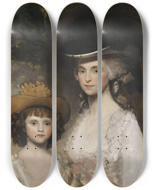 Triptych art skateboard deck of Gilbert Stuart Mrs Blades And Her Daughter by Gilbert Stuart (1755-1828)