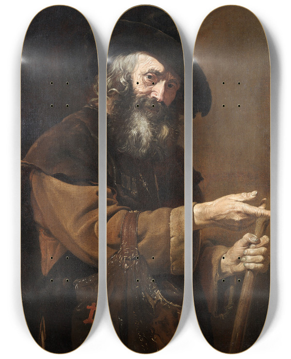 Triptych art skateboard deck of Pietro Bellotti Old Pilgrim by Pietro Bellotti (1623-1700)