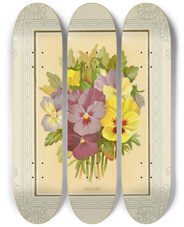 Triptych art skateboard deck of Marcus Ward Co Pansies by Marcus Ward Co